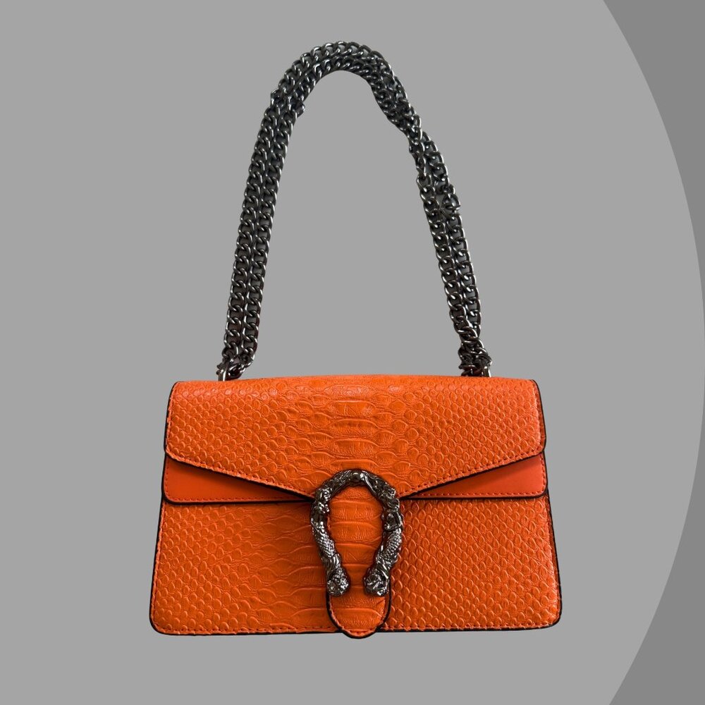 Orange Snake Print Leather Crossbody Satchel Handbag, Gucci like